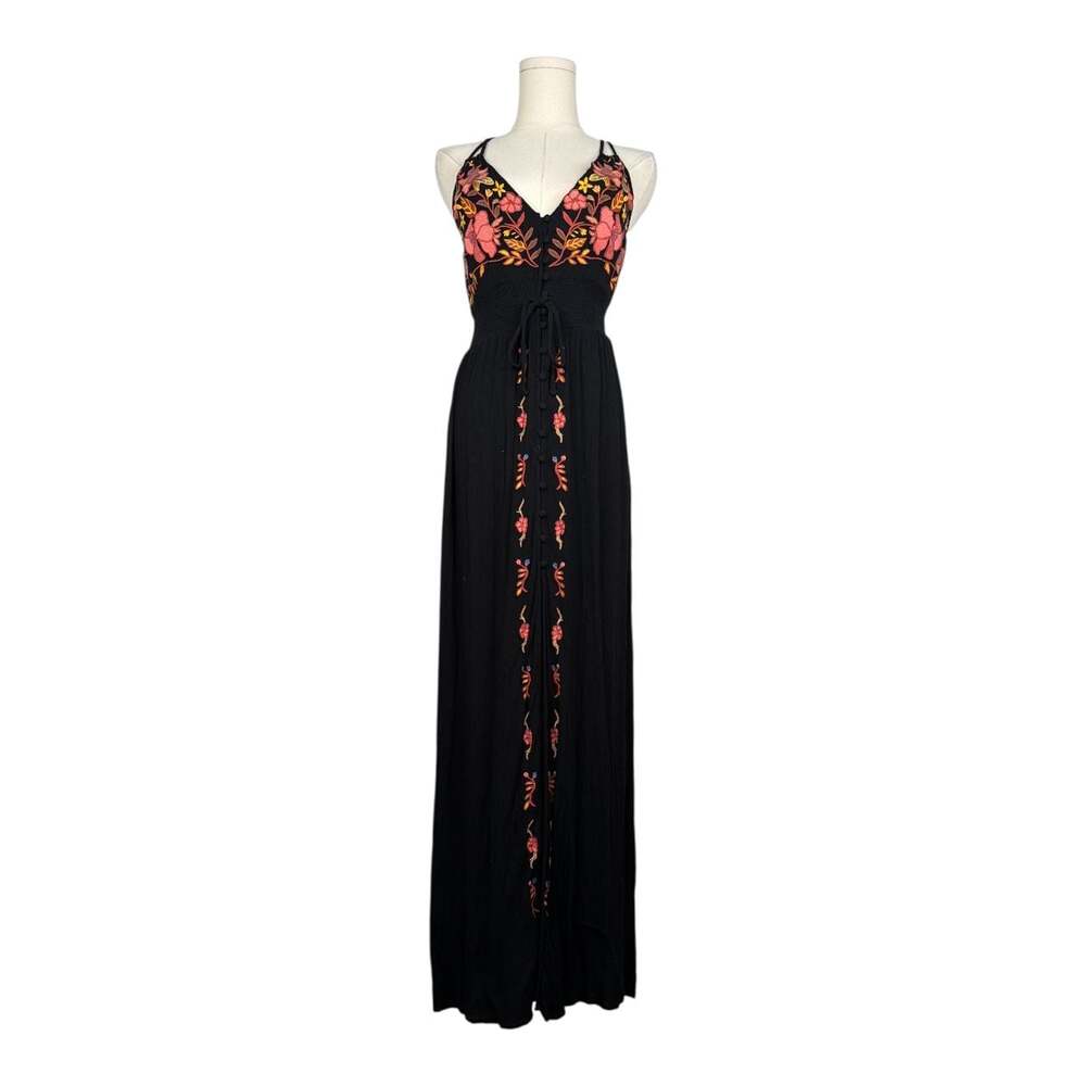 Forever 21 Boho Black Embroidered Floral Maxi Dress Sz. S
